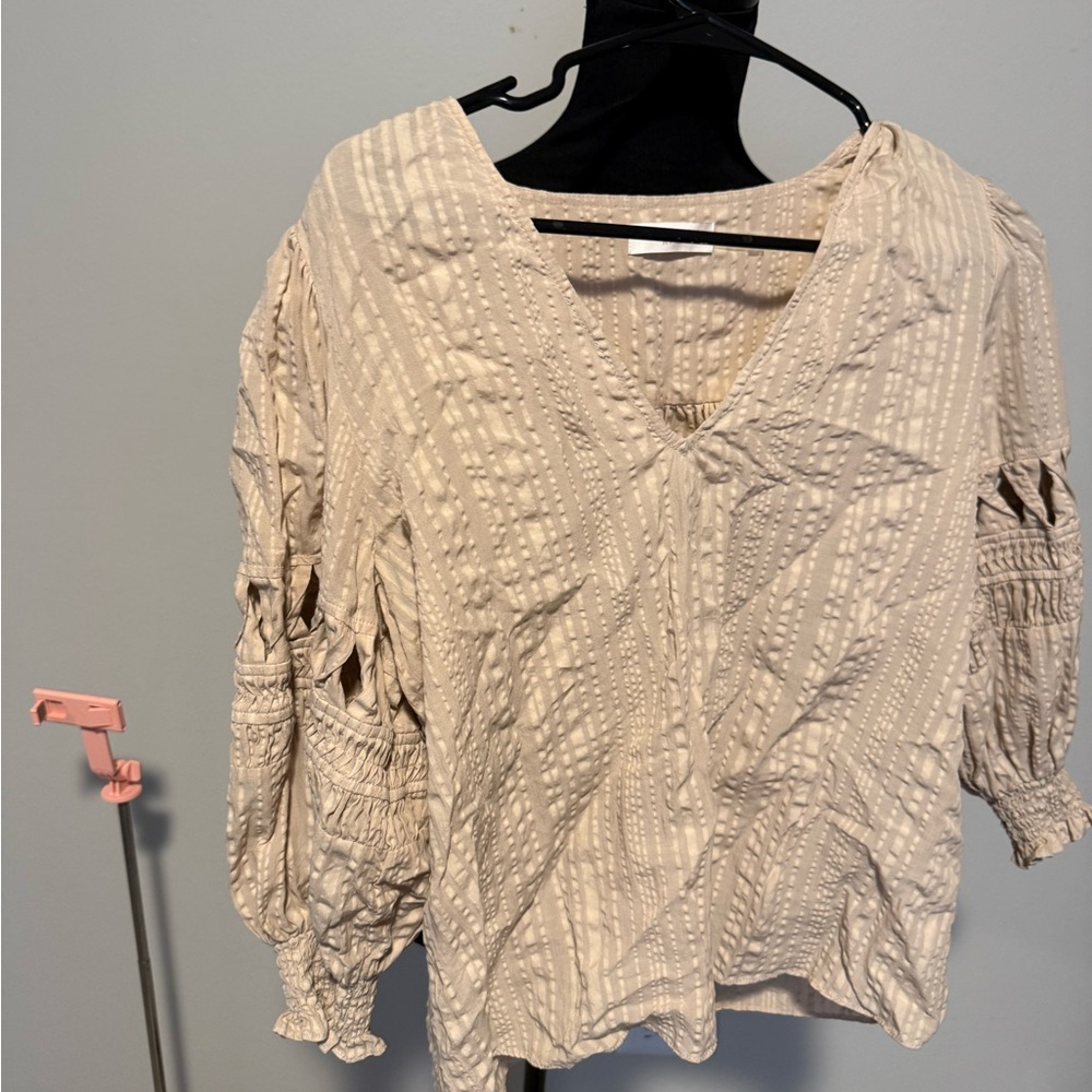 Ramy Brook New York Textured Blouse XS Beige Smocked Sleeve